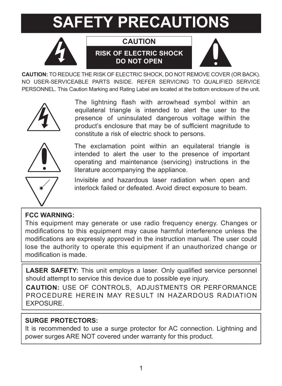 Memorex MC2864 manual Safety Precautions, Risk Of Electric Shock Do Not Open 