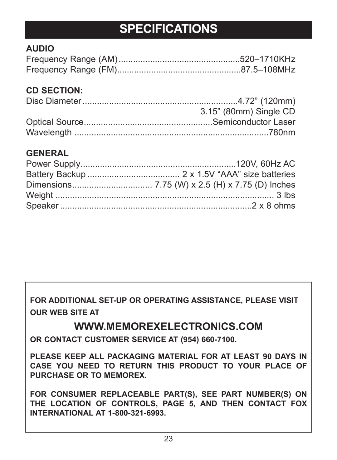 Memorex MC2864 manual Specifications, Www.Memorexelectronics.Com, Audio 