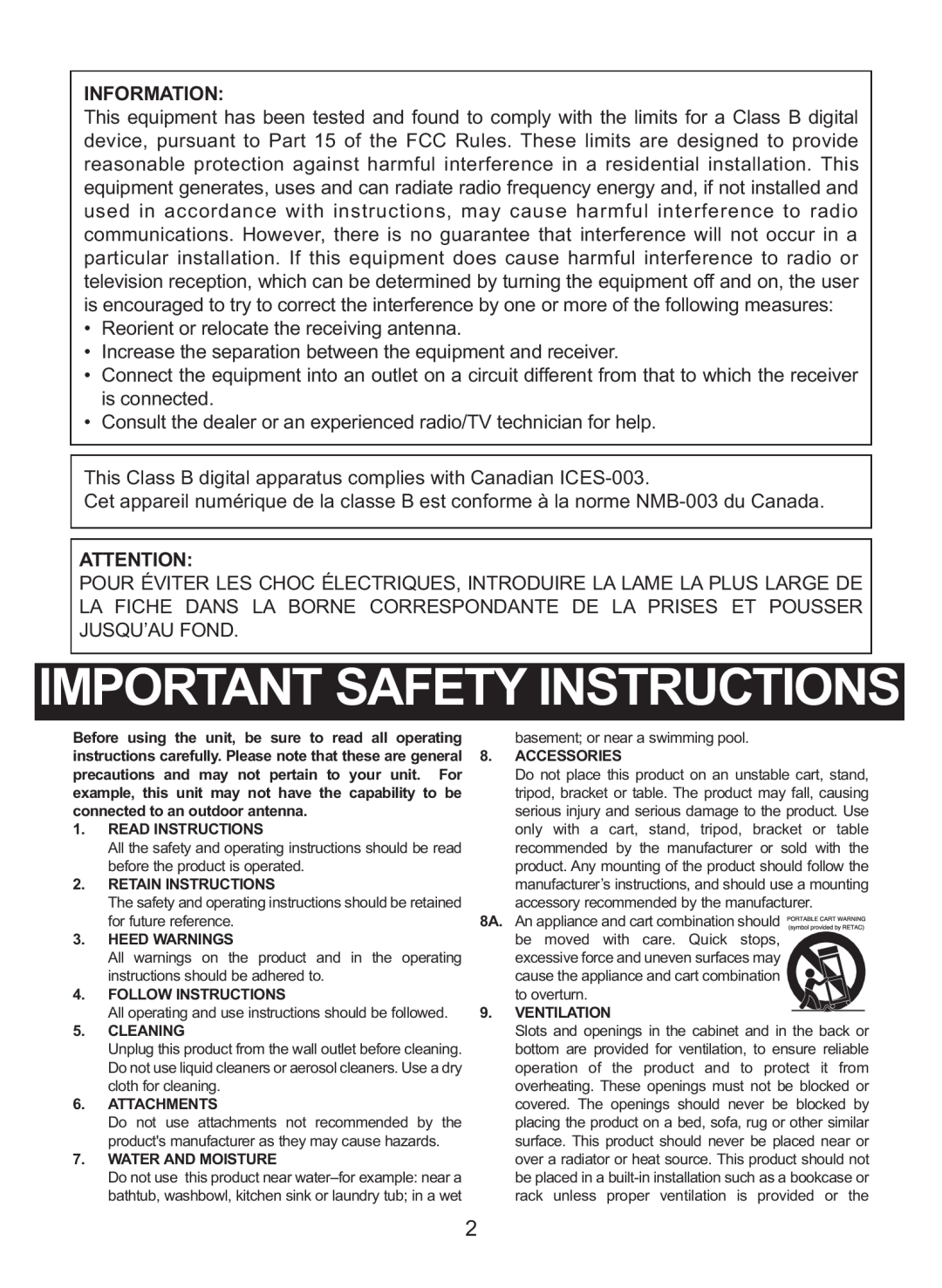 Memorex MC2864 manual Importantjusqu’Au Fond. Safety Instructions, Information 