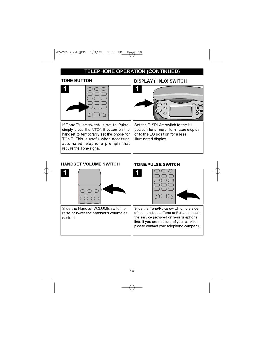 Memorex MC4285 operating instructions Tone Button Display HI/LO Switch, Handset Volume Switch TONE/PULSE Switch 