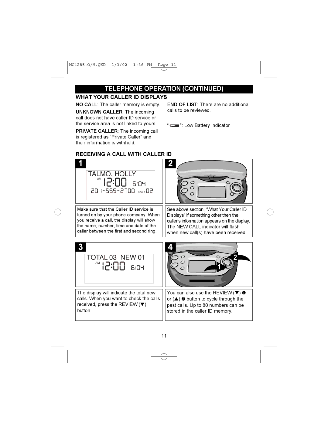 Memorex MC4285 operating instructions What Your Caller ID Displays, Receiving a Call with Caller ID 