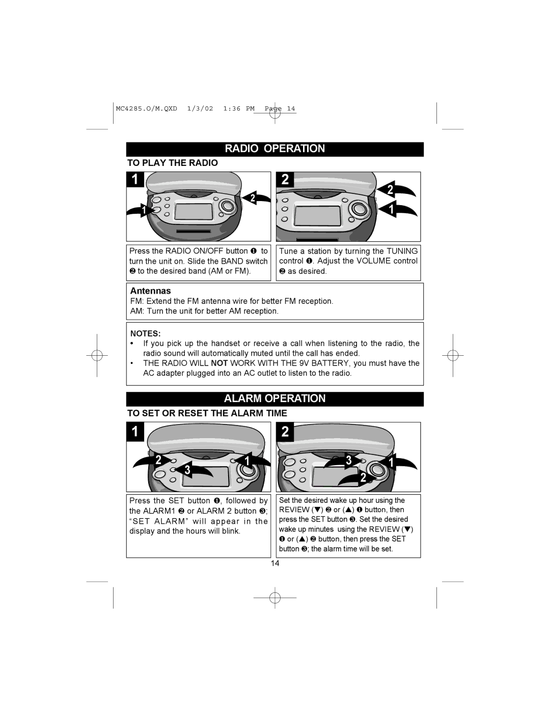 Memorex MC4285 operating instructions Radio Operation, Alarm Operation, To Play the Radio, To SET or Reset the Alarm Time 