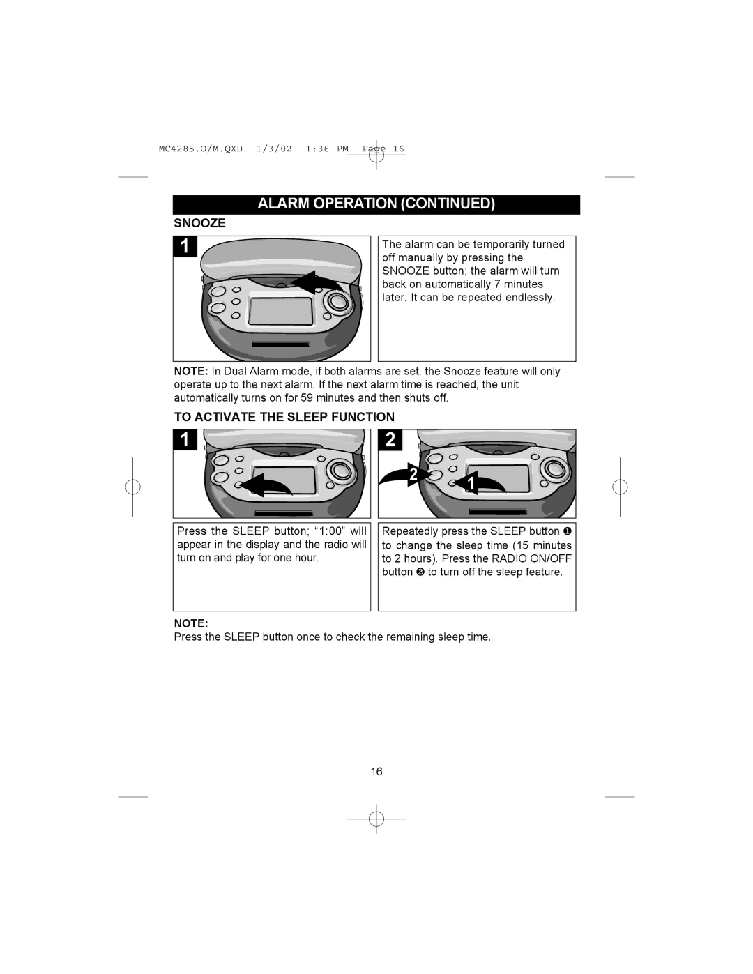 Memorex MC4285 operating instructions Snooze, To Activate the Sleep Function 