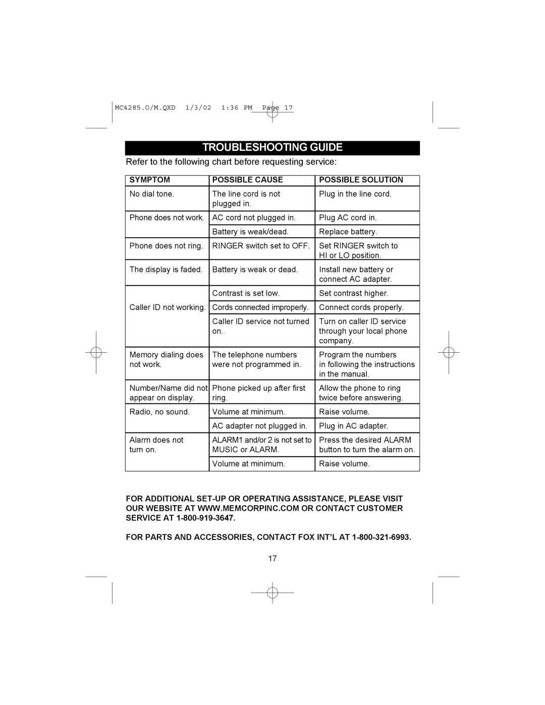 Memorex MC4285 operating instructions Troubleshooting Guide, Refer to the following chart before requesting service 