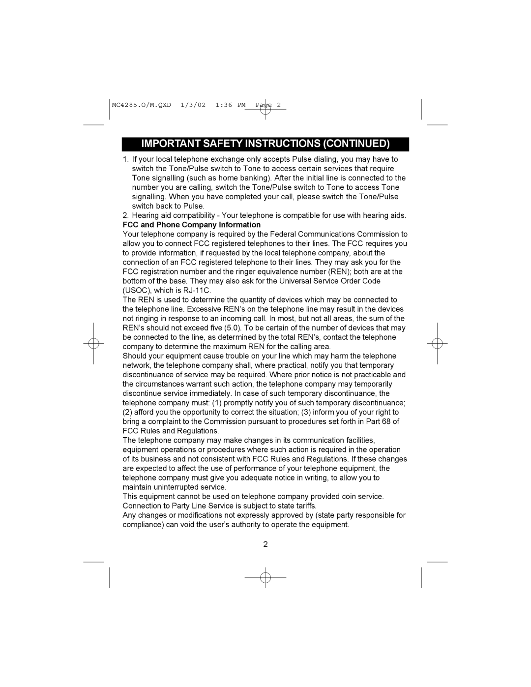 Memorex MC4285 operating instructions FCC and Phone Company Information 