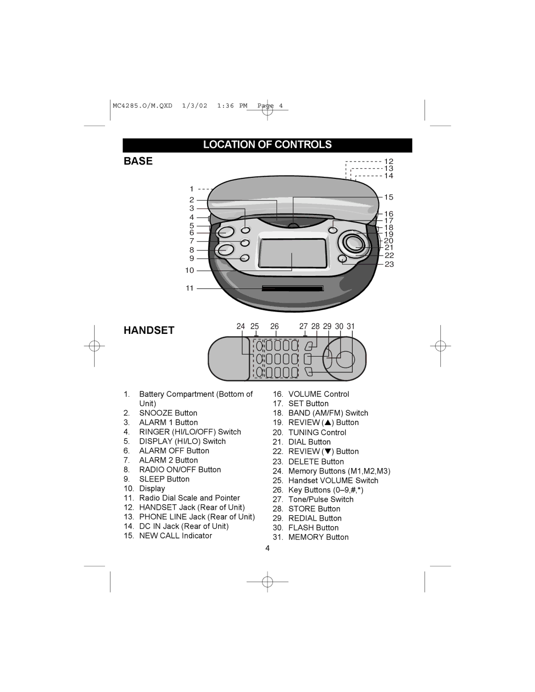 Memorex MC4285 operating instructions Location of Controls, Base Handset 