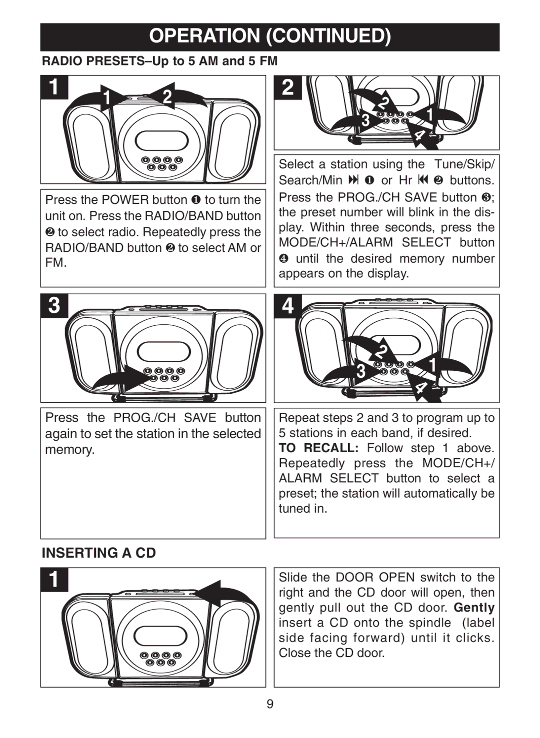 Memorex MC7100 manual Inserting a CD, Radio PRESETS-Up to 5 AM and 5 FM 