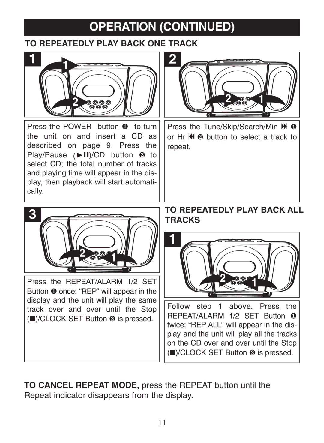 Memorex MC7100 manual To Repeatedly Play Back ONE Track, To Repeatedly Play Back ALL Tracks 