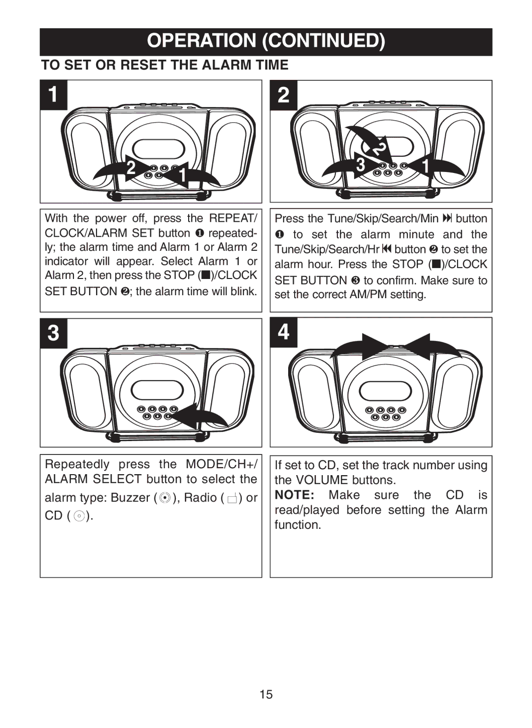 Memorex MC7100 manual To SET or Reset the Alarm Time 