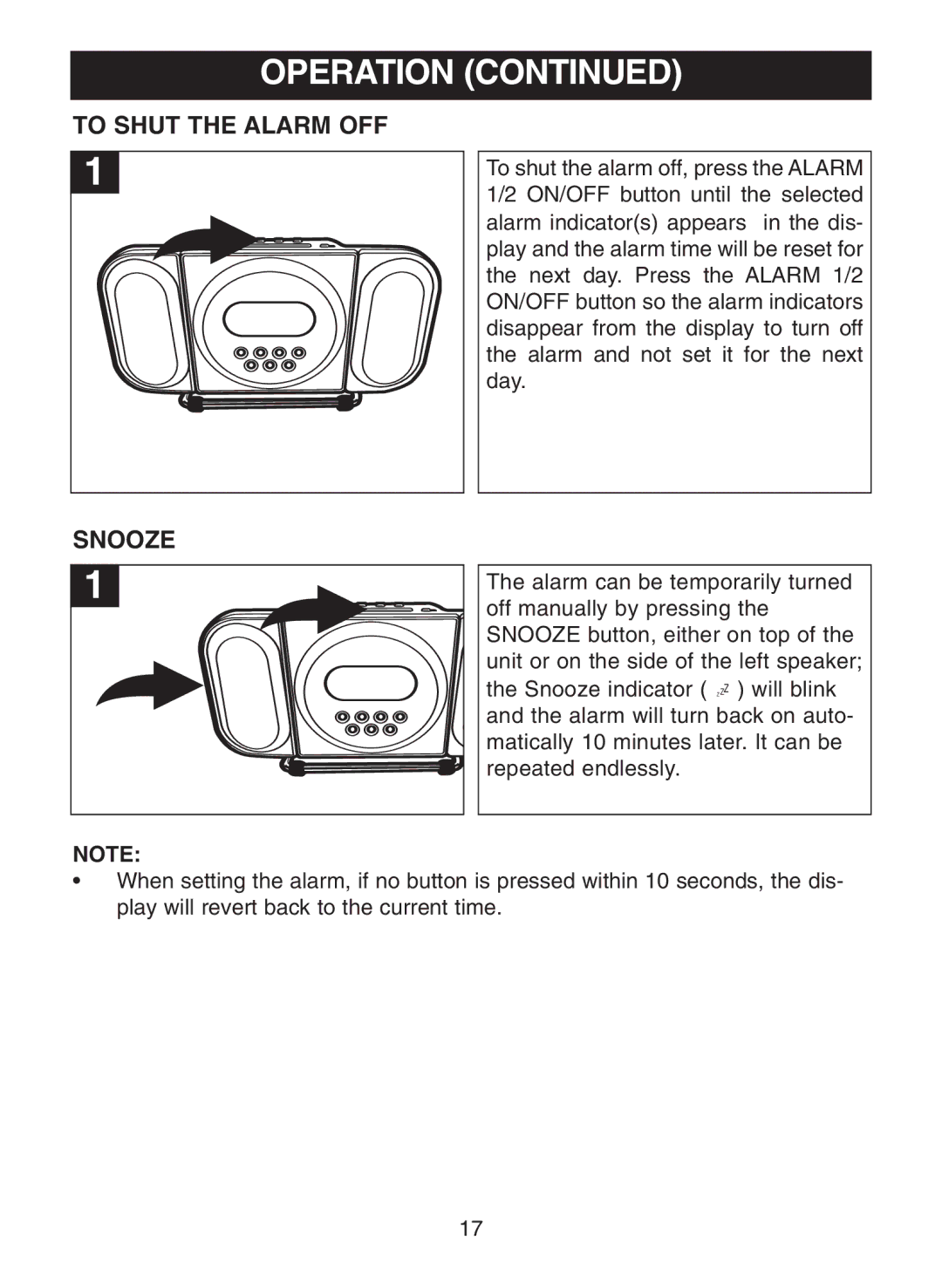 Memorex MC7100 manual To Shut the Alarm OFF, Snooze 