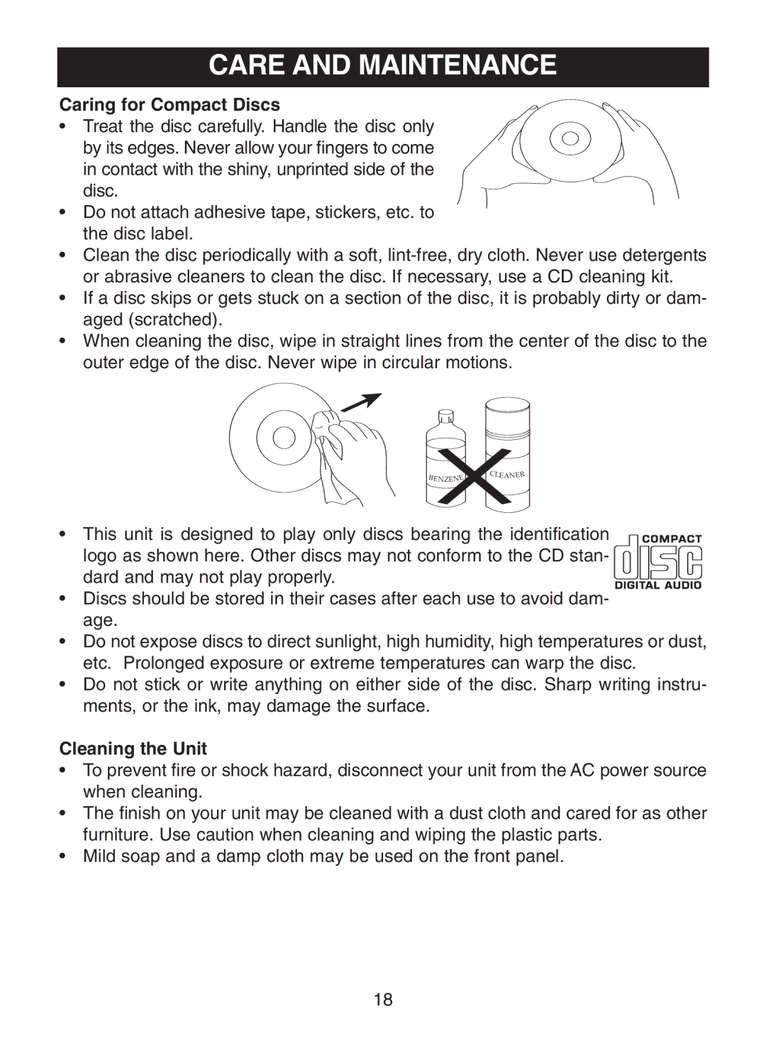 Memorex MC7100 manual Care and Maintenance, Caring for Compact Discs 