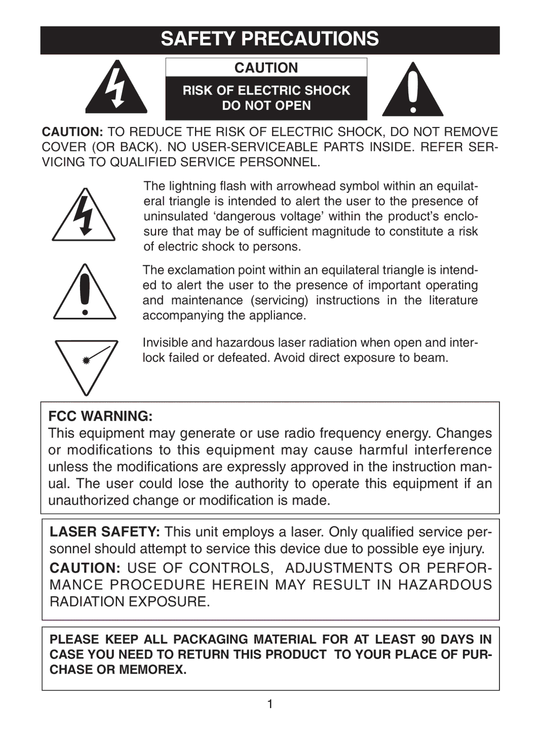 Memorex MC7100 manual Safety Precautions, FCC Warning 