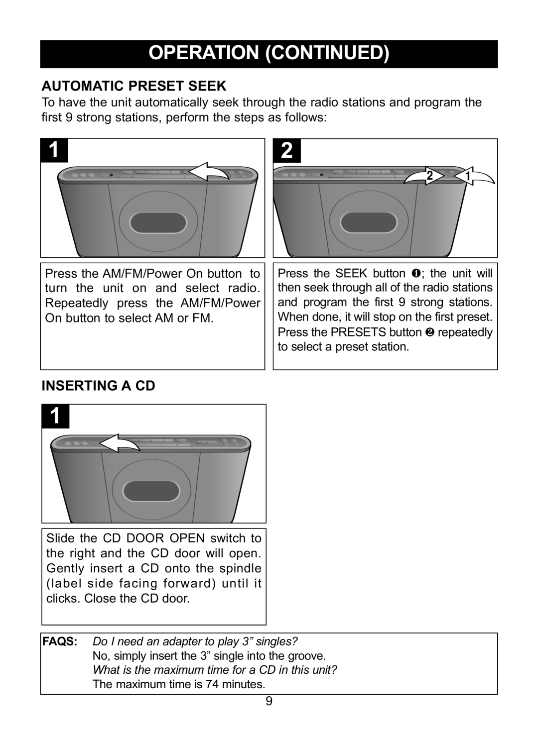 Memorex MC7101 manual Automatic Preset Seek, Inserting a CD 