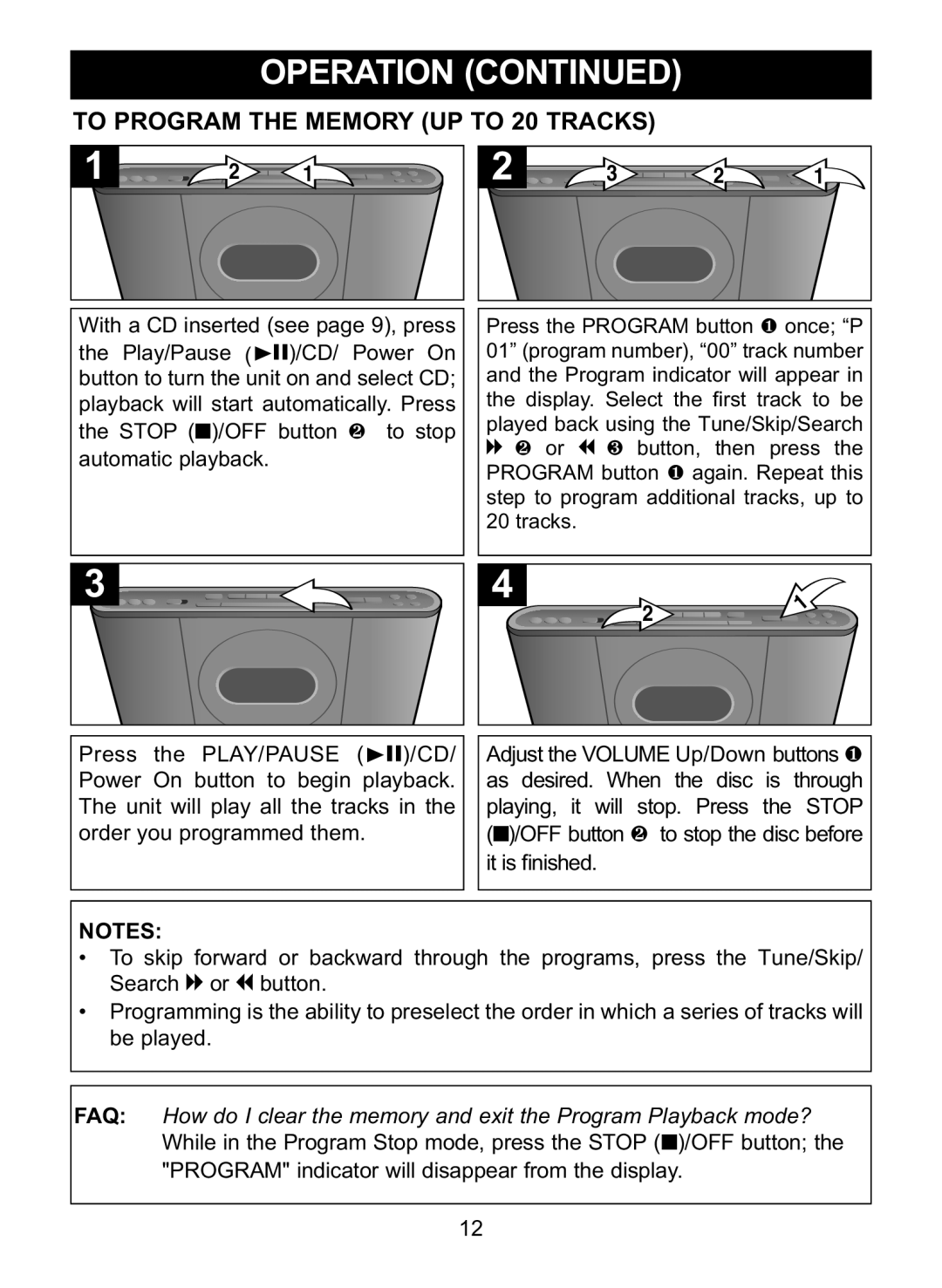 Memorex MC7101 manual Operation, To Program the Memory UP to 20 Tracks 