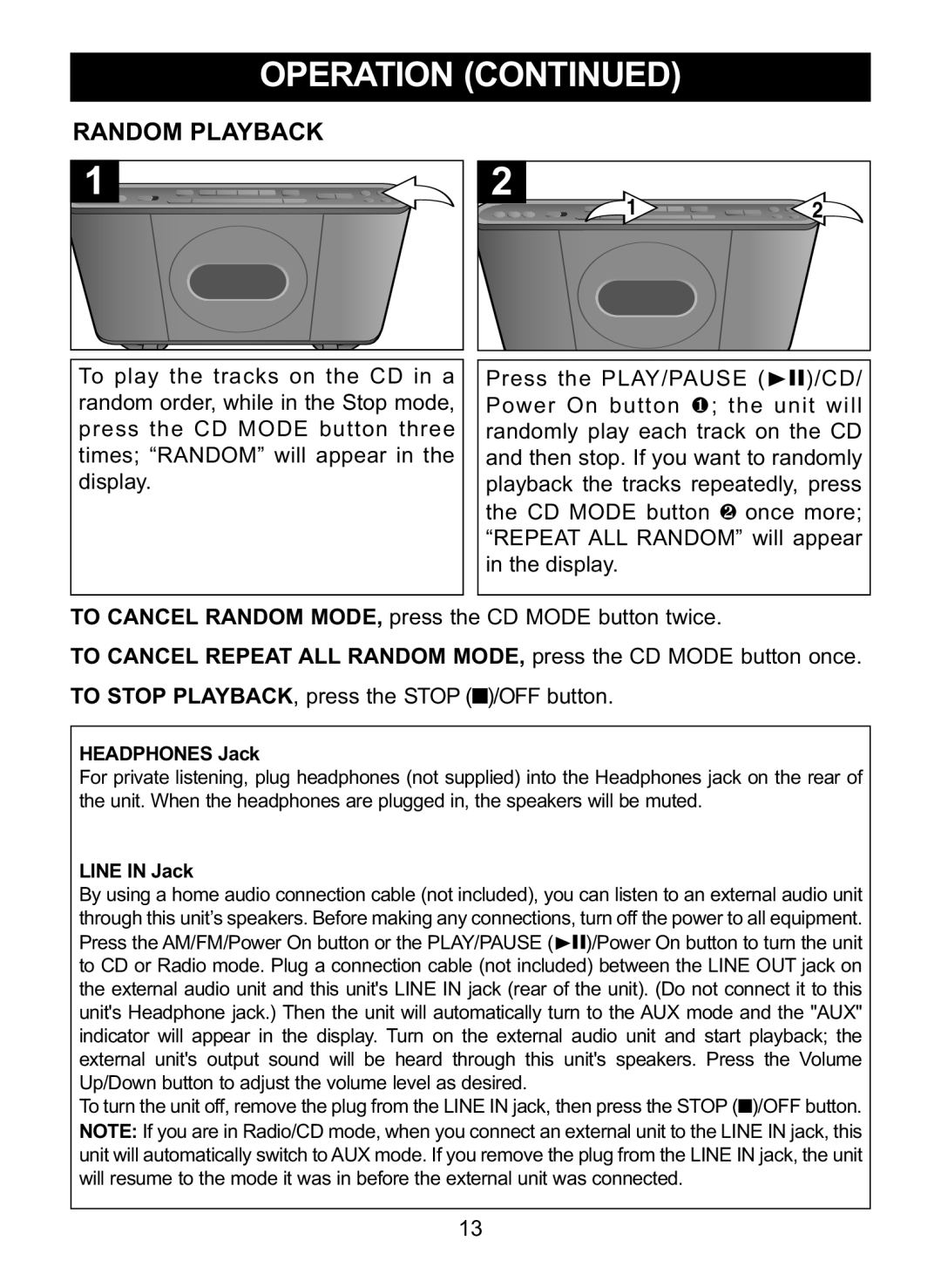 Memorex MC7101 manual Random Playback, Headphones Jack 