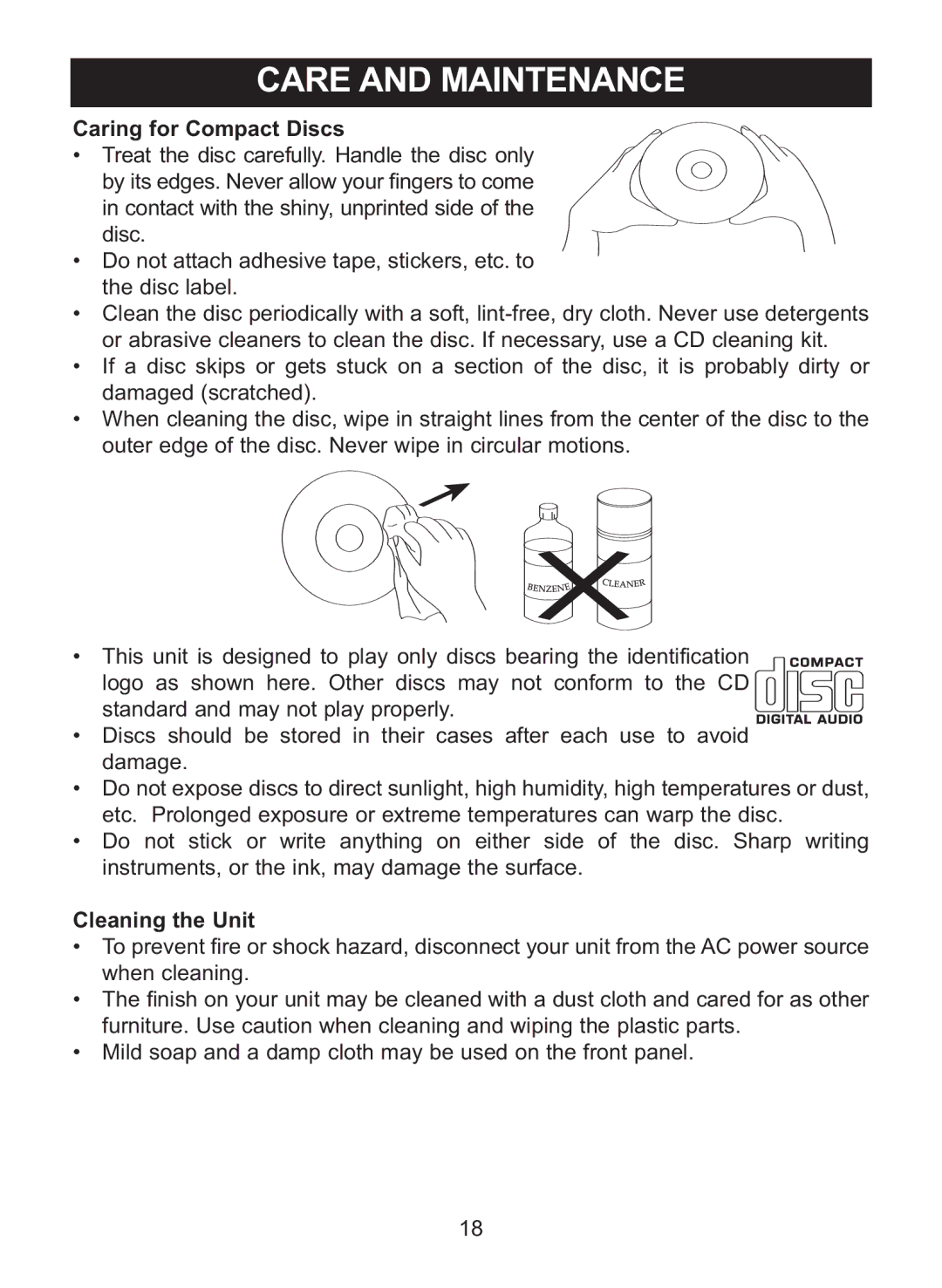 Memorex MC7101 manual Care and Maintenance, Caring for Compact Discs 