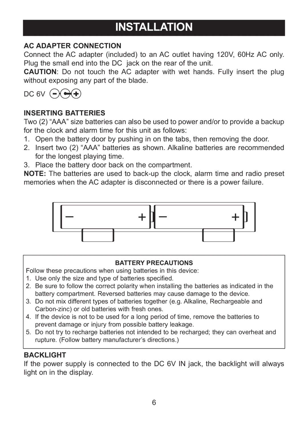 Memorex MC7101 manual Installation, AC Adapter Connection 