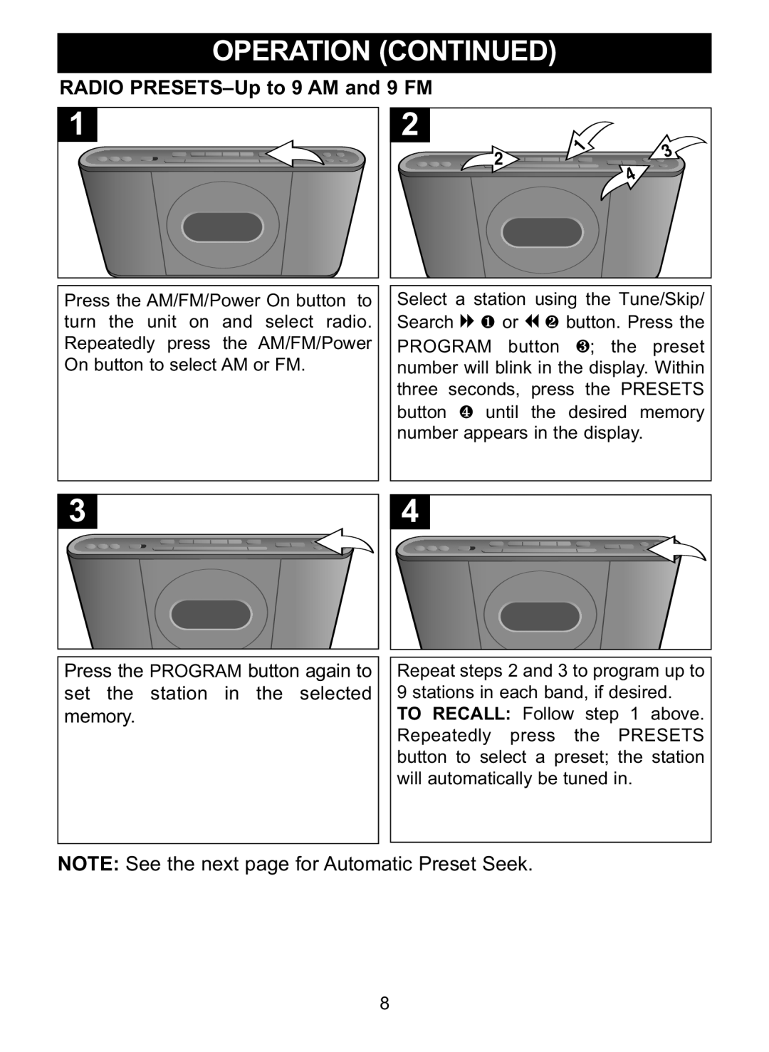 Memorex MC7101 manual Radio PRESETS-Up to 9 AM and 9 FM 