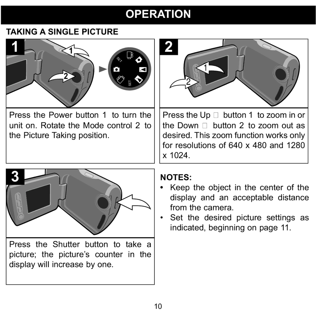 Memorex MCC215 manual Operation, Taking a Single Picture 