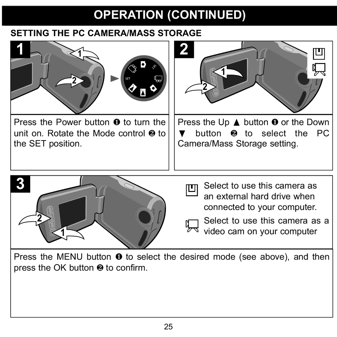 Memorex MCC215 manual Setting the PC CAMERA/MASS Storage 