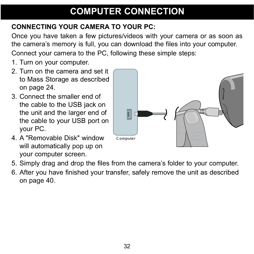 Memorex MCC215 manual Computer Connection, Connecting Your Camera to Your PC 