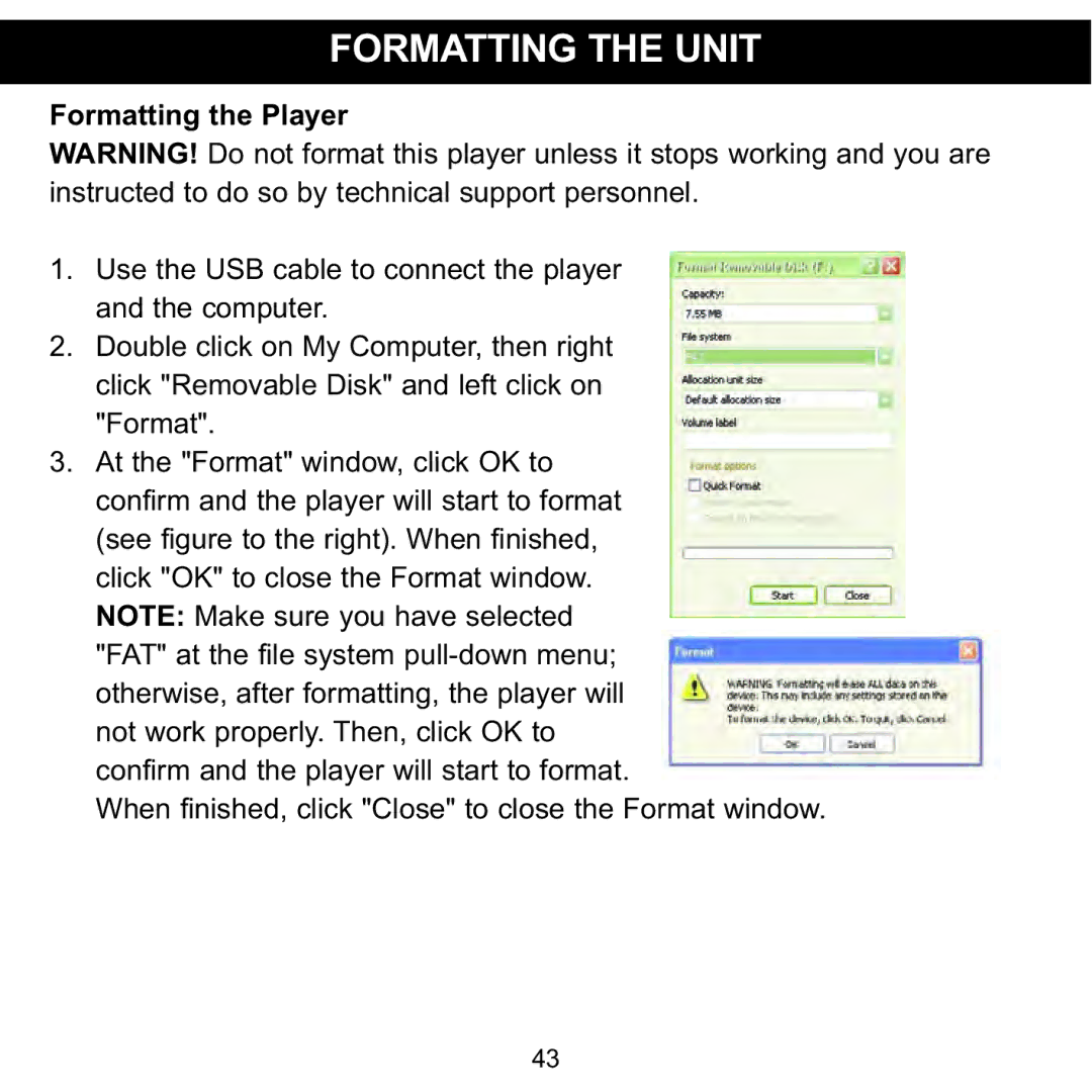 Memorex MCC215 manual Formatting the Unit, Formatting the Player 