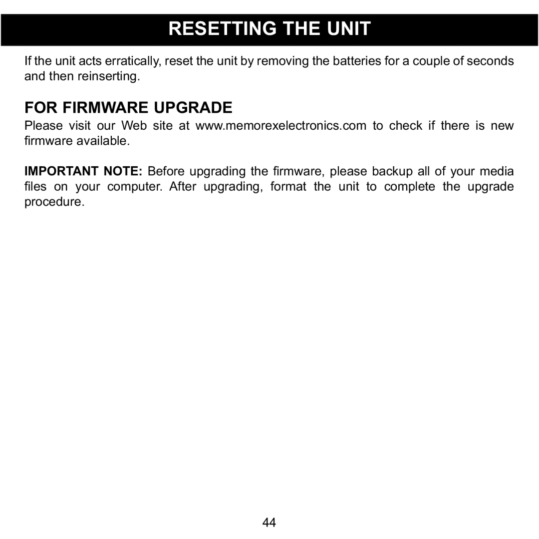 Memorex MCC215 manual Resetting the Unit, For Firmware Upgrade 