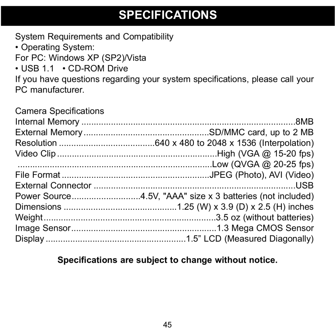 Memorex MCC215 manual Specifications, 8MB 