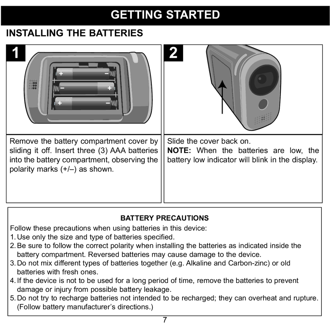 Memorex MCC215 manual Getting Started, Installing the Batteries 