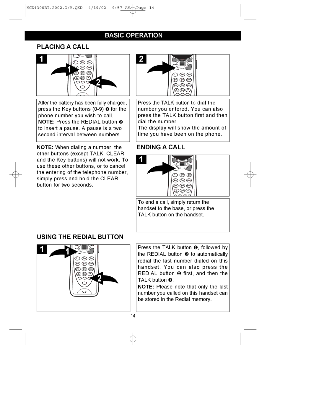 Memorex MCD4300BT operating instructions Basic Operation, Placing a Call, Ending a Call, Using the Redial Button 