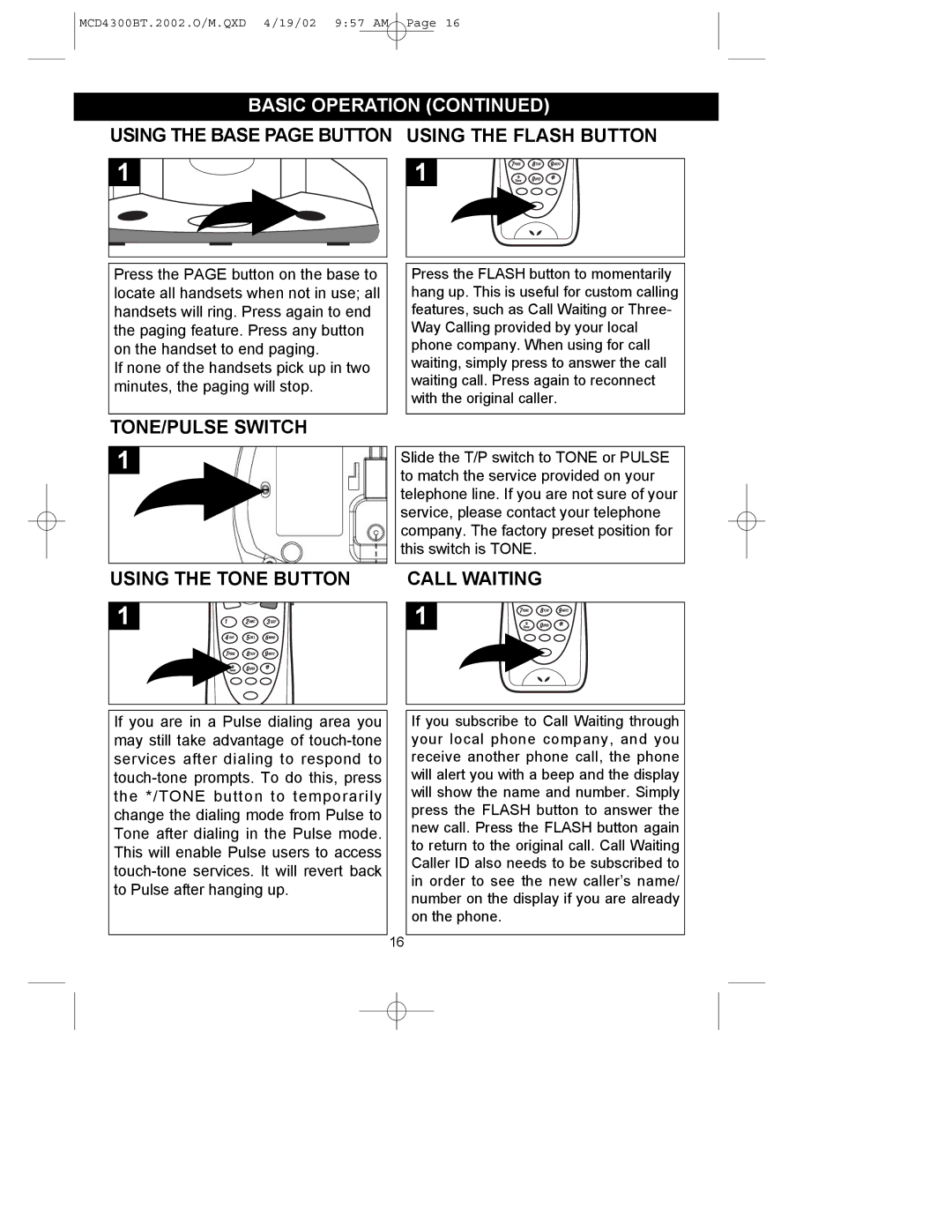 Memorex MCD4300BT Using the Base page Button Using the Flash Button, TONE/PULSE Switch Using the Tone Button, Call Waiting 