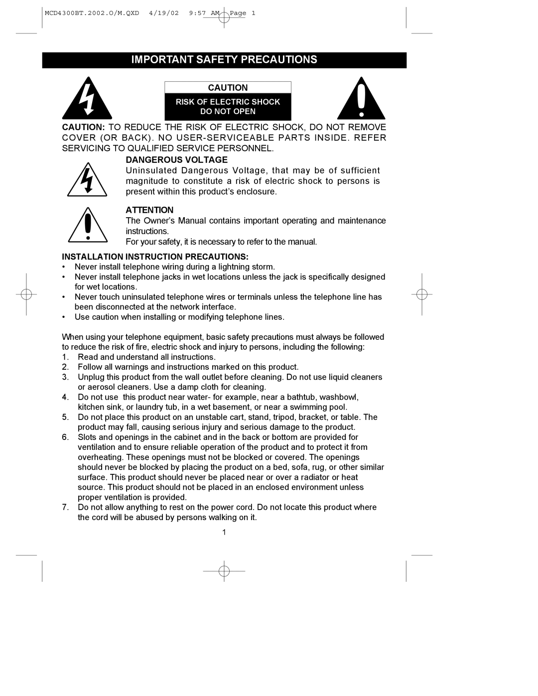 Memorex MCD4300BT operating instructions Important Safety Precautions, Installation Instruction Precautions 