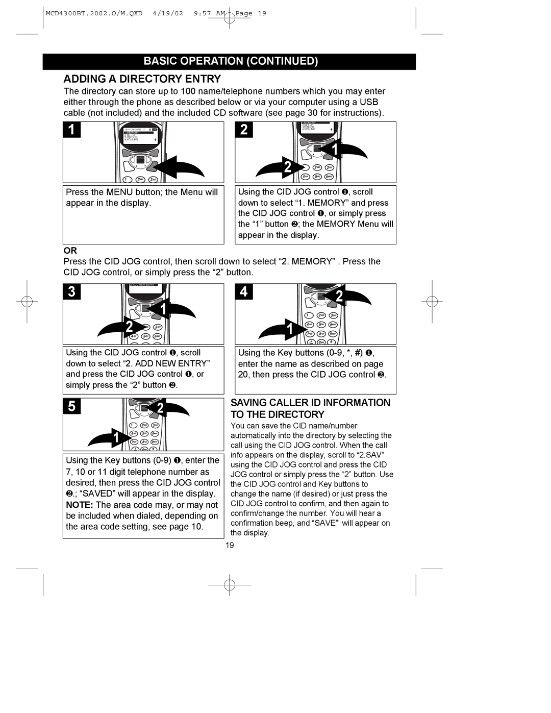 Memorex MCD4300BT operating instructions Adding a Directory Entry, Saving Caller ID Information to the Directory 