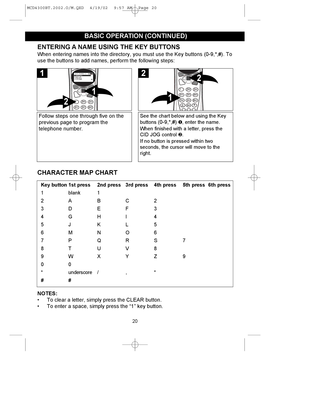 Memorex MCD4300BT operating instructions Entering a Name Using the KEY Buttons, Character MAP Chart 