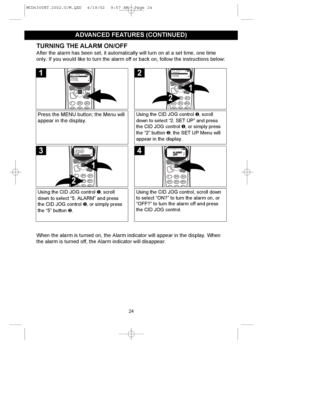 Memorex MCD4300BT operating instructions Turning the Alarm ON/OFF 