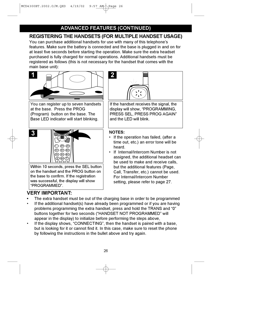 Memorex MCD4300BT operating instructions Registering the Handsets for Multiple Handset Usage, Very Important 