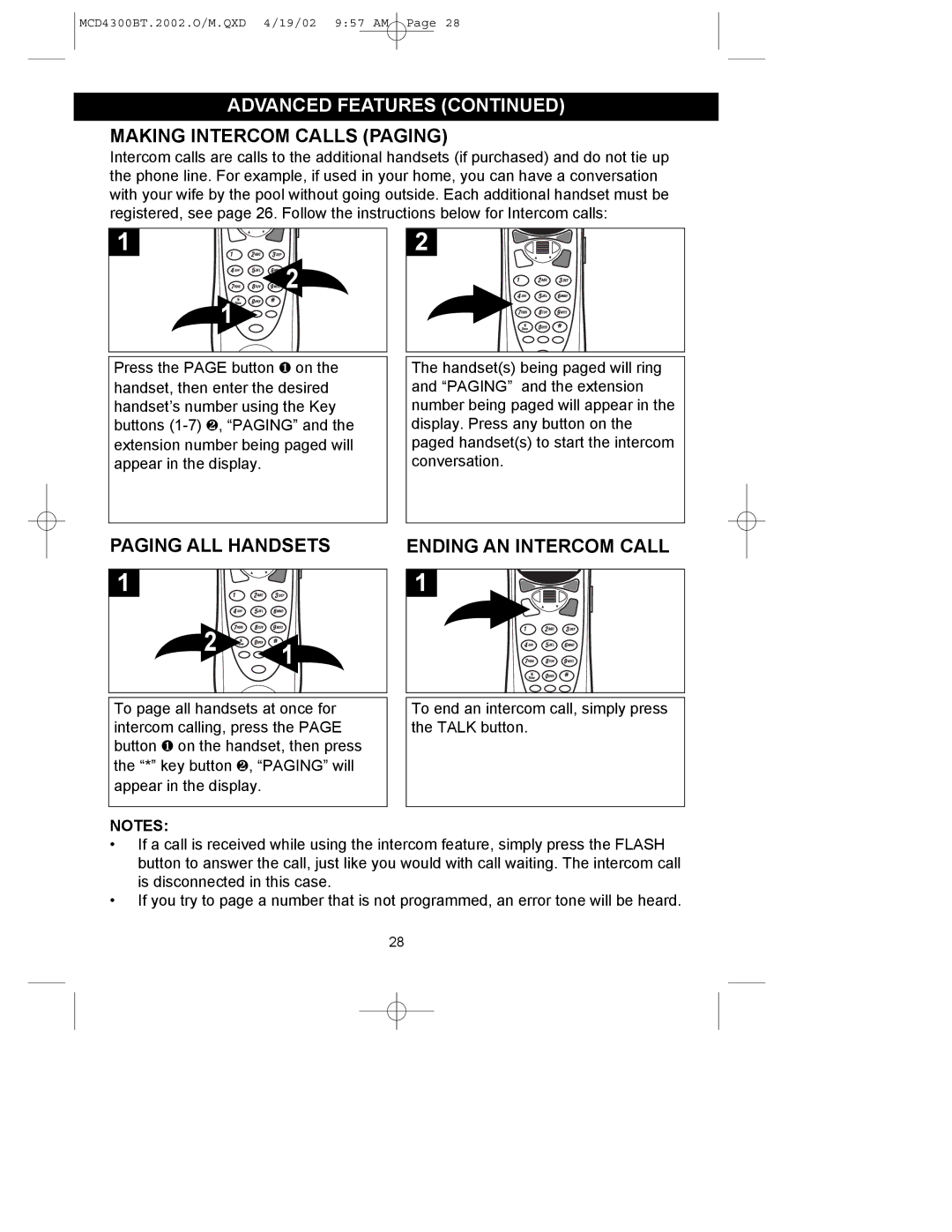 Memorex MCD4300BT operating instructions Making Intercom Calls Paging, Paging ALL Handsets Ending AN Intercom Call 