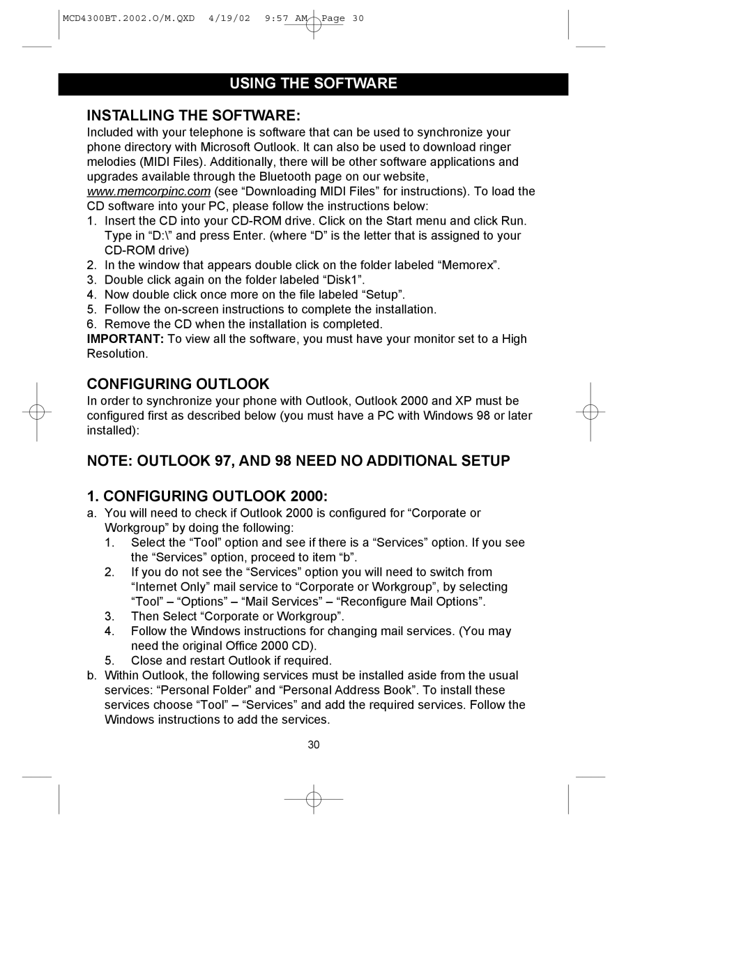 Memorex MCD4300BT operating instructions Using the Software, Installing the Software, Configuring Outlook 