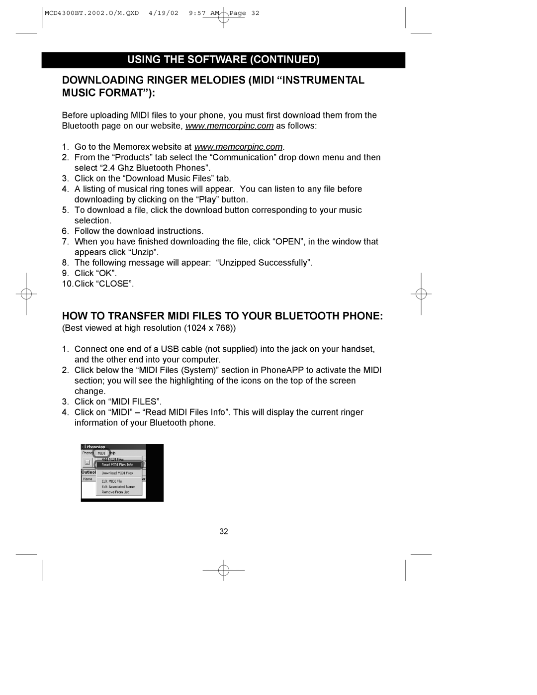 Memorex MCD4300BT operating instructions Downloading Ringer Melodies Midi Instrumental Music Format 