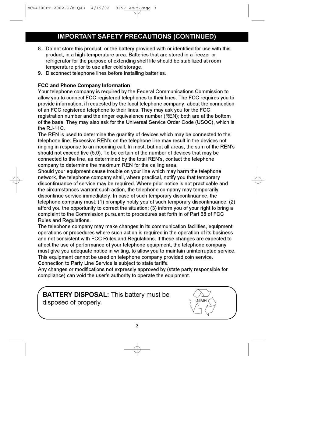 Memorex MCD4300BT operating instructions Battery Disposal This battery must be disposed of properly 