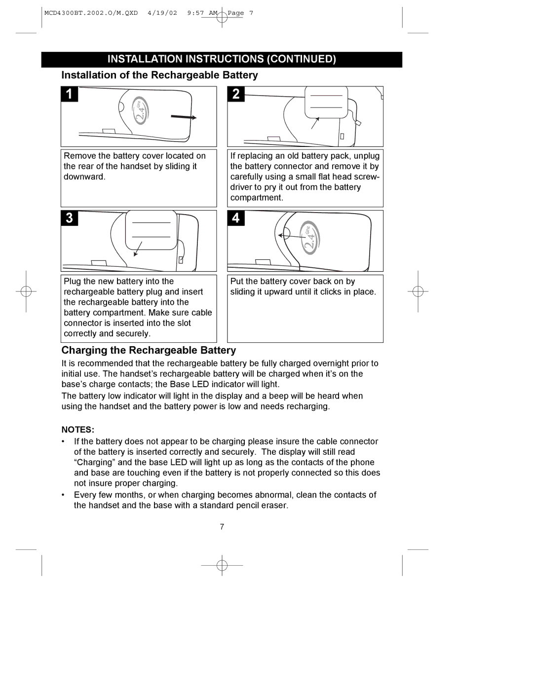 Memorex MCD4300BT operating instructions Installation of the Rechargeable Battery 