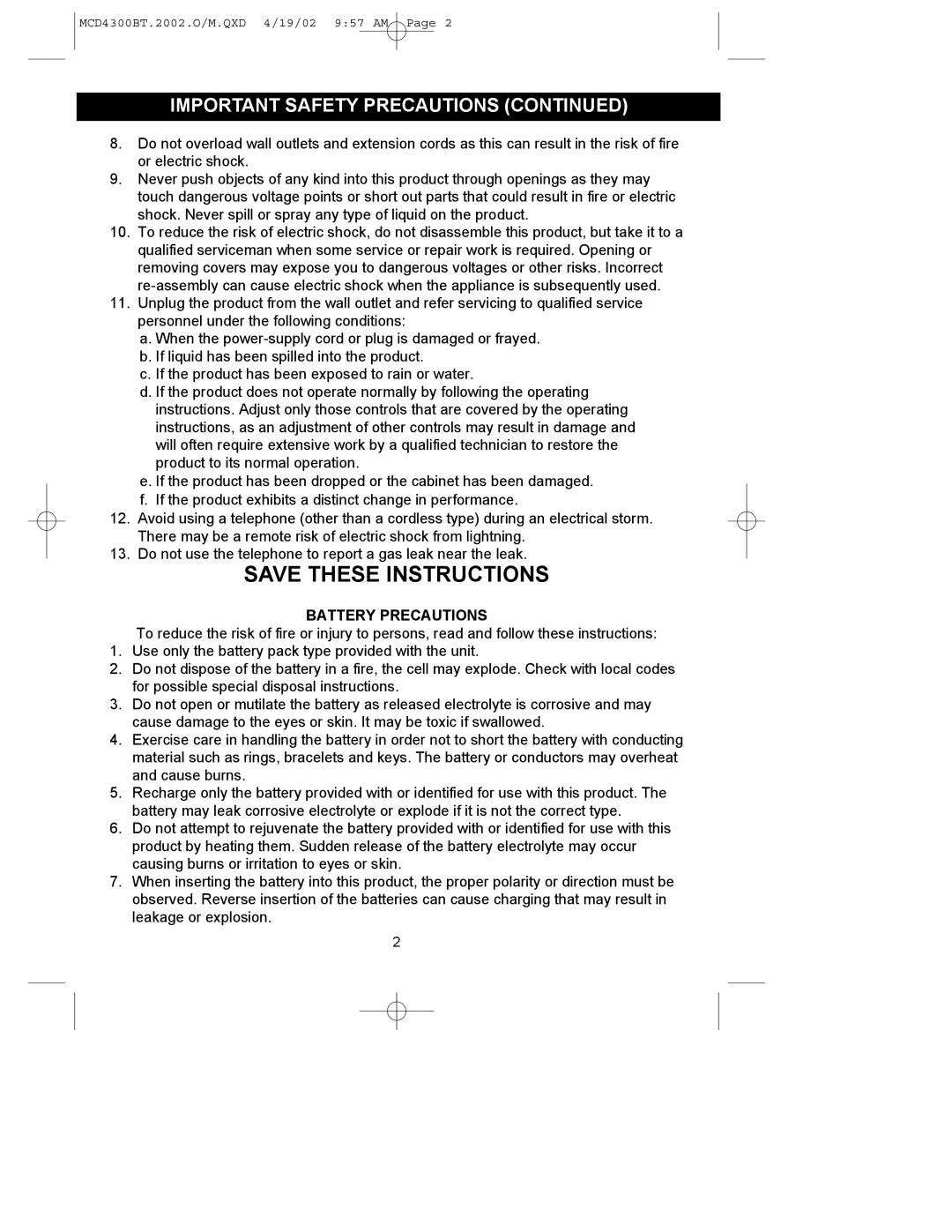 Memorex MCD4300BT operating instructions Save These Instructions, Important Safety Precautions Continued 
