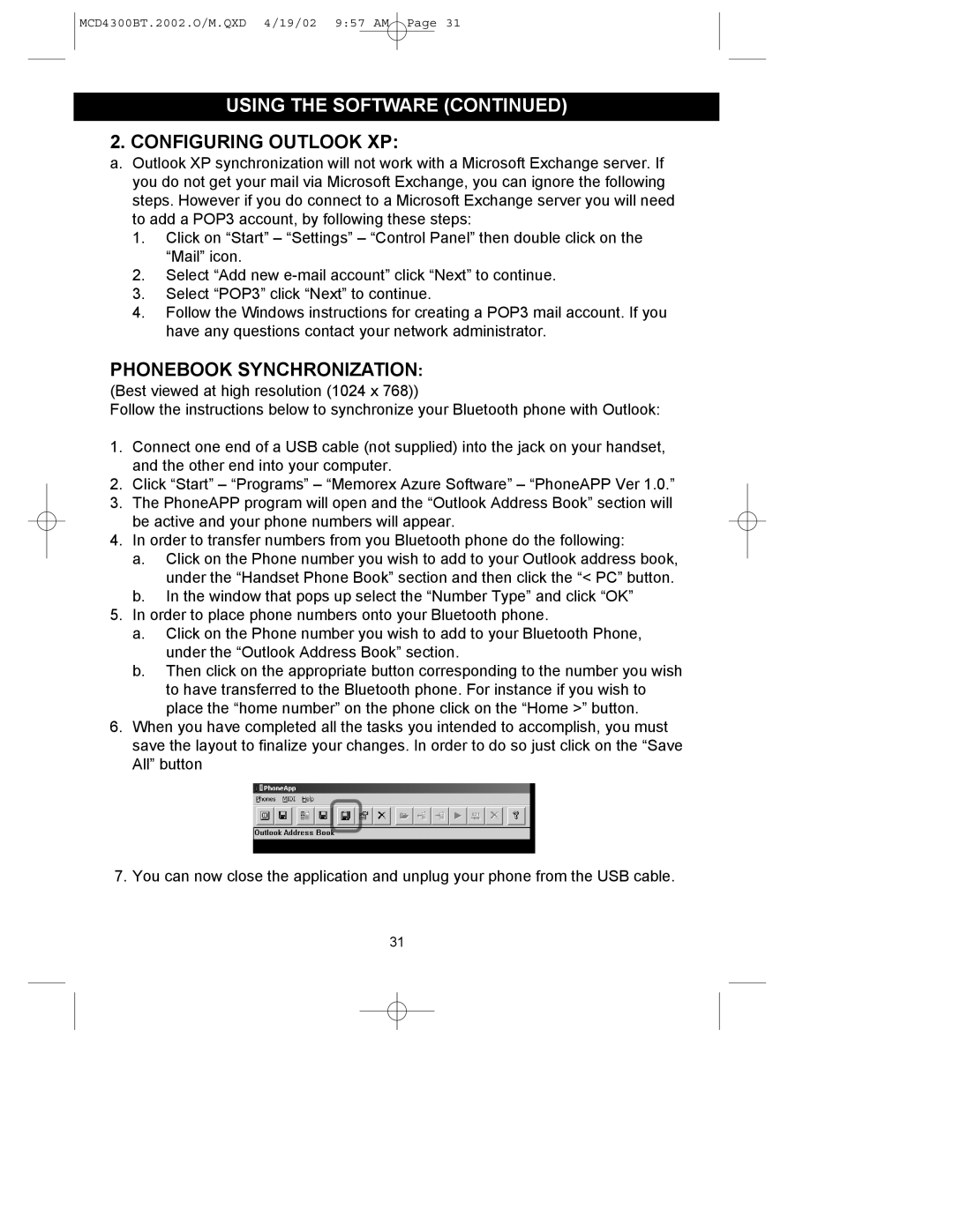 Memorex MCD4300BT operating instructions Using The Software Continued, Configuring Outlook Xp, Phonebook Synchronization 