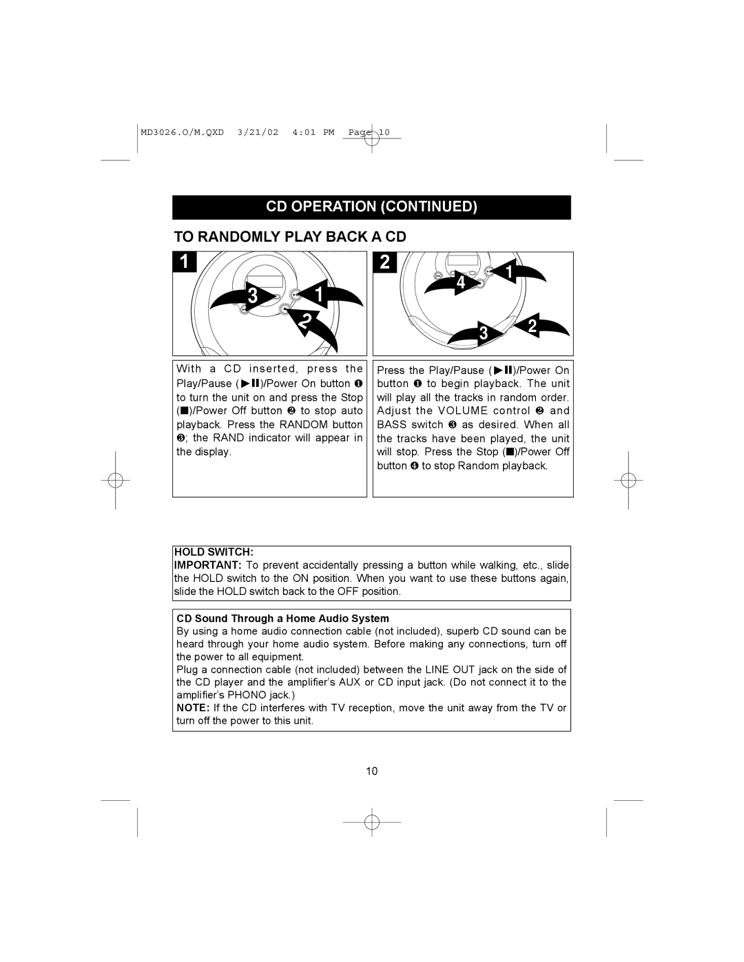 Memorex MD3026 manual To Randomly Play Back a CD, Hold Switch, CD Sound Through a Home Audio System 