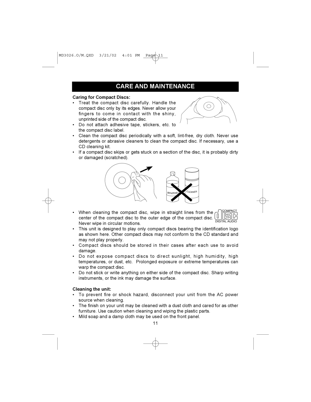 Memorex MD3026 manual Care and Maintenance, Caring for Compact Discs, Cleaning the unit 