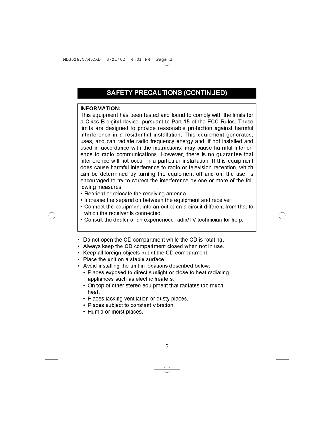 Memorex MD3026 manual Information 