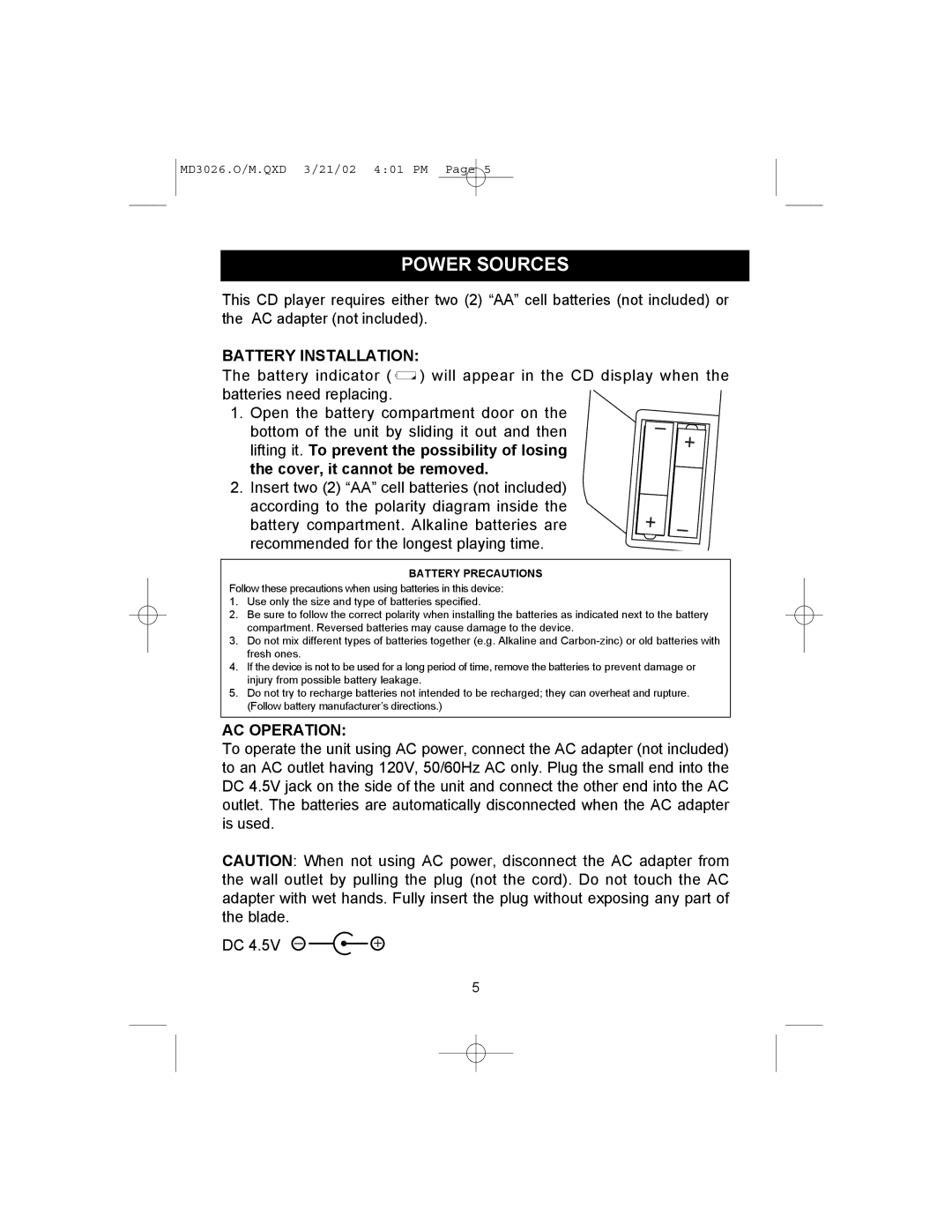 Memorex MD3026 manual Power Sources, Battery Installation, AC Operation 