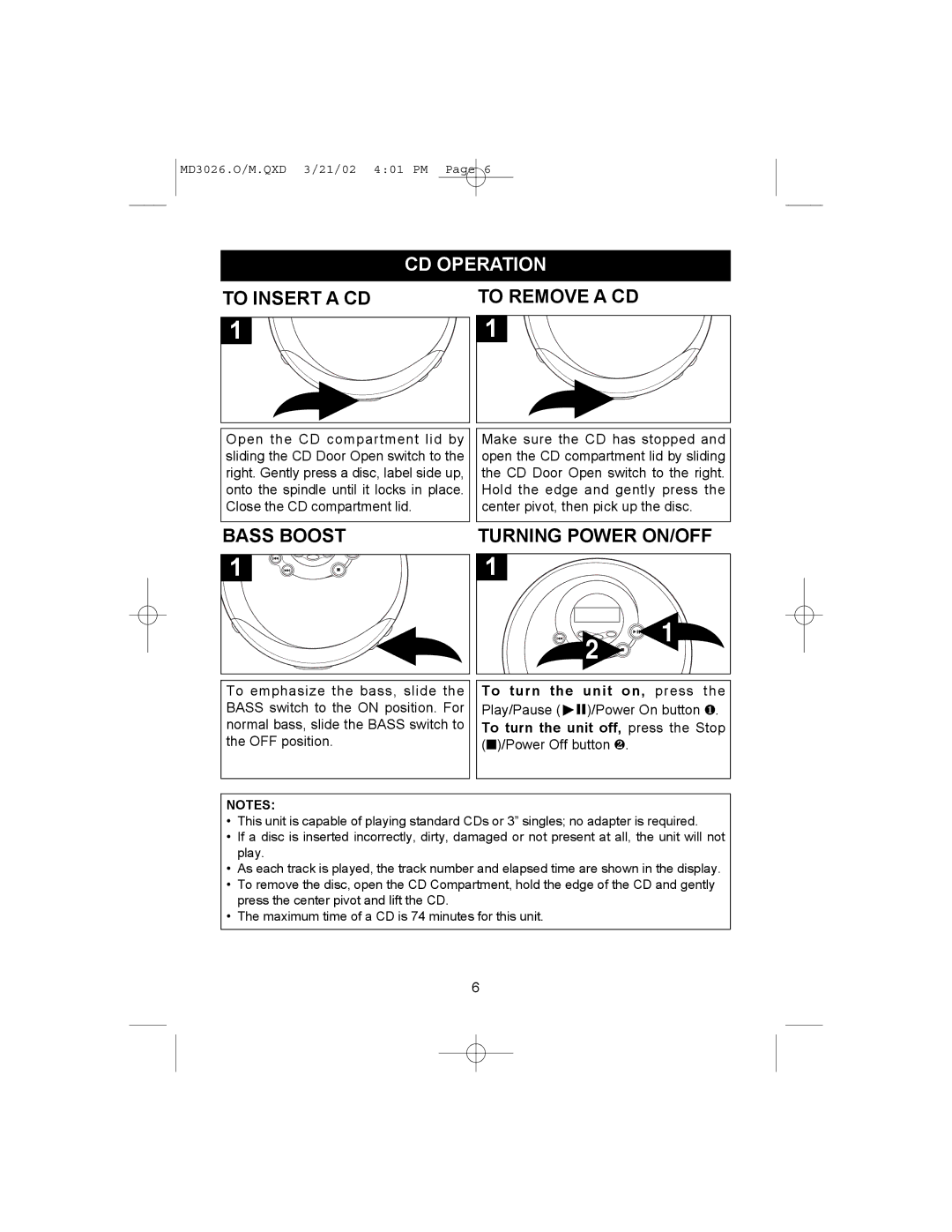 Memorex MD3026 manual CD Operation, To Insert a CD, Bass Boost, To turn the unit on, press 