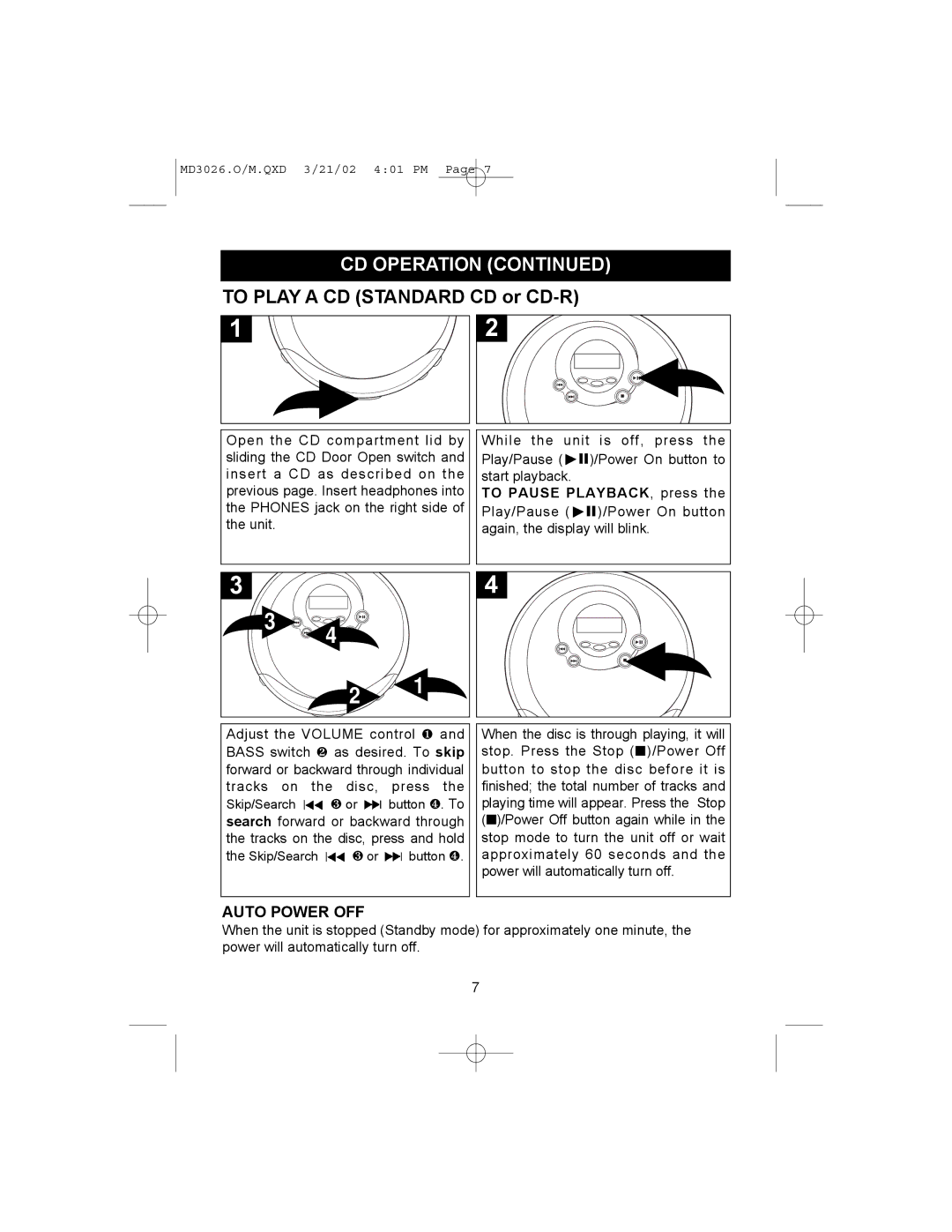 Memorex MD3026 manual Auto Power OFF, To Pause PLAYBACK, press 