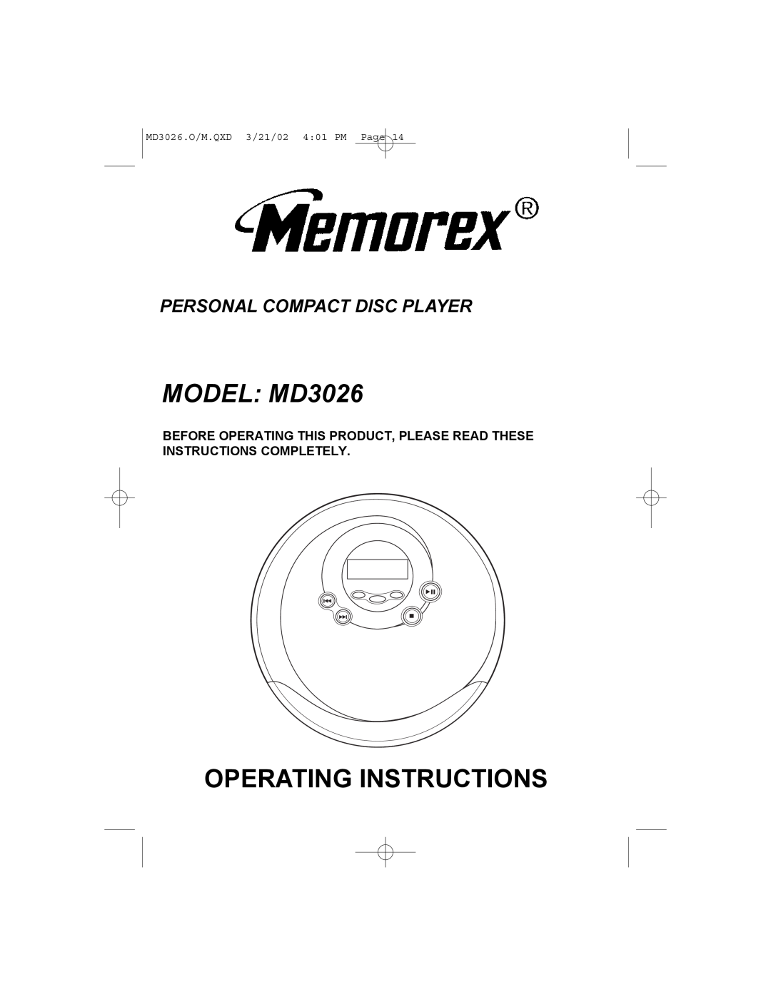 Memorex manual MODEL MD3026, Operating Instructions, Personal Compact Disc Player, MD3026.O/M.QXD 3/21/02 4 01 PM Page 
